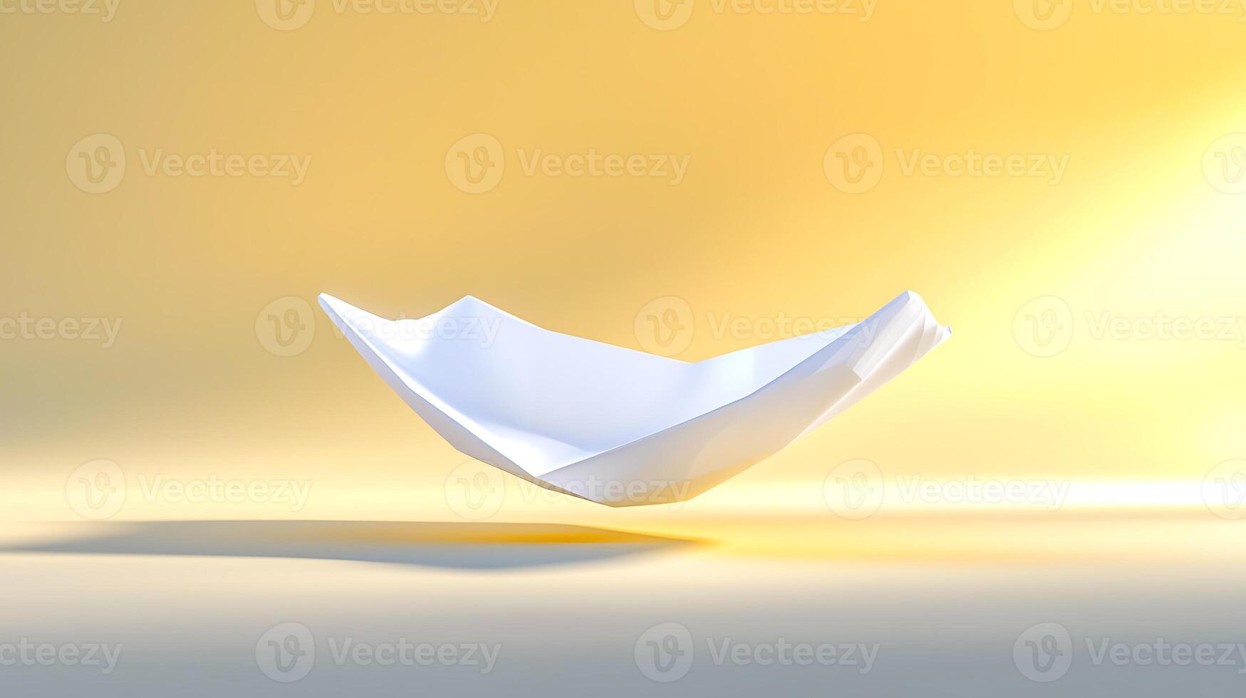 A minimalist white paper boat floating gracefully against a soft yellow background, symbolizing freedom photo