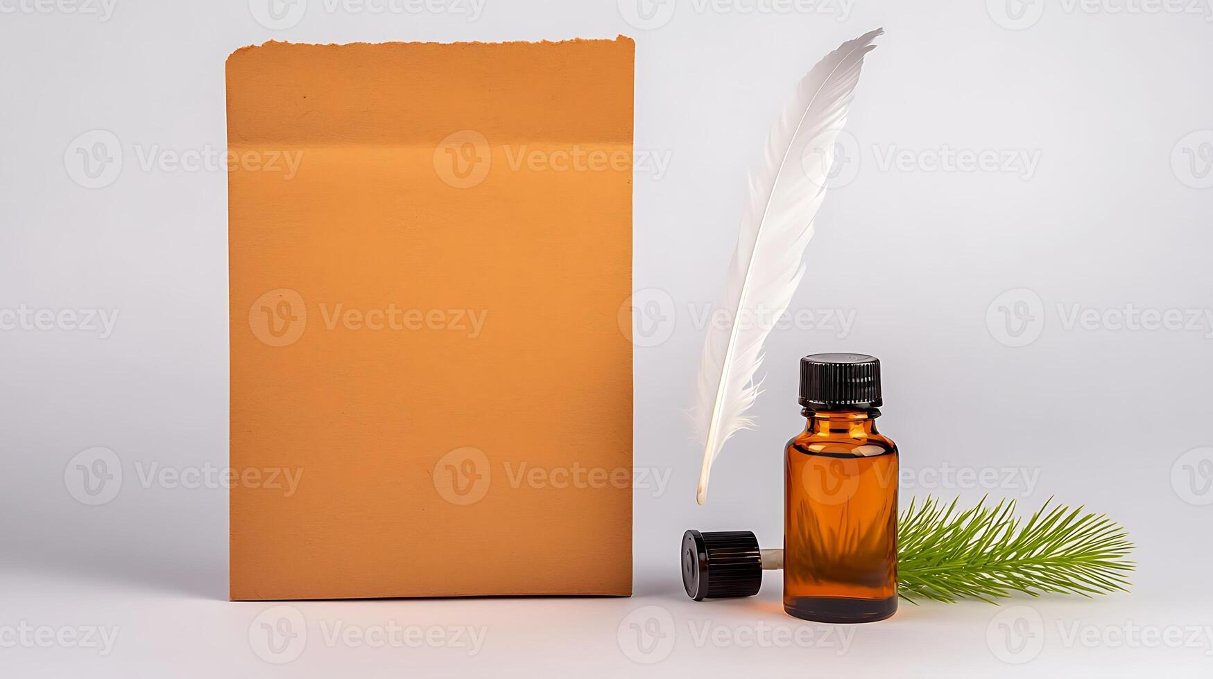 A minimalistic arrangement featuring an amber bottle, feather, and green sprig on a neutral background photo