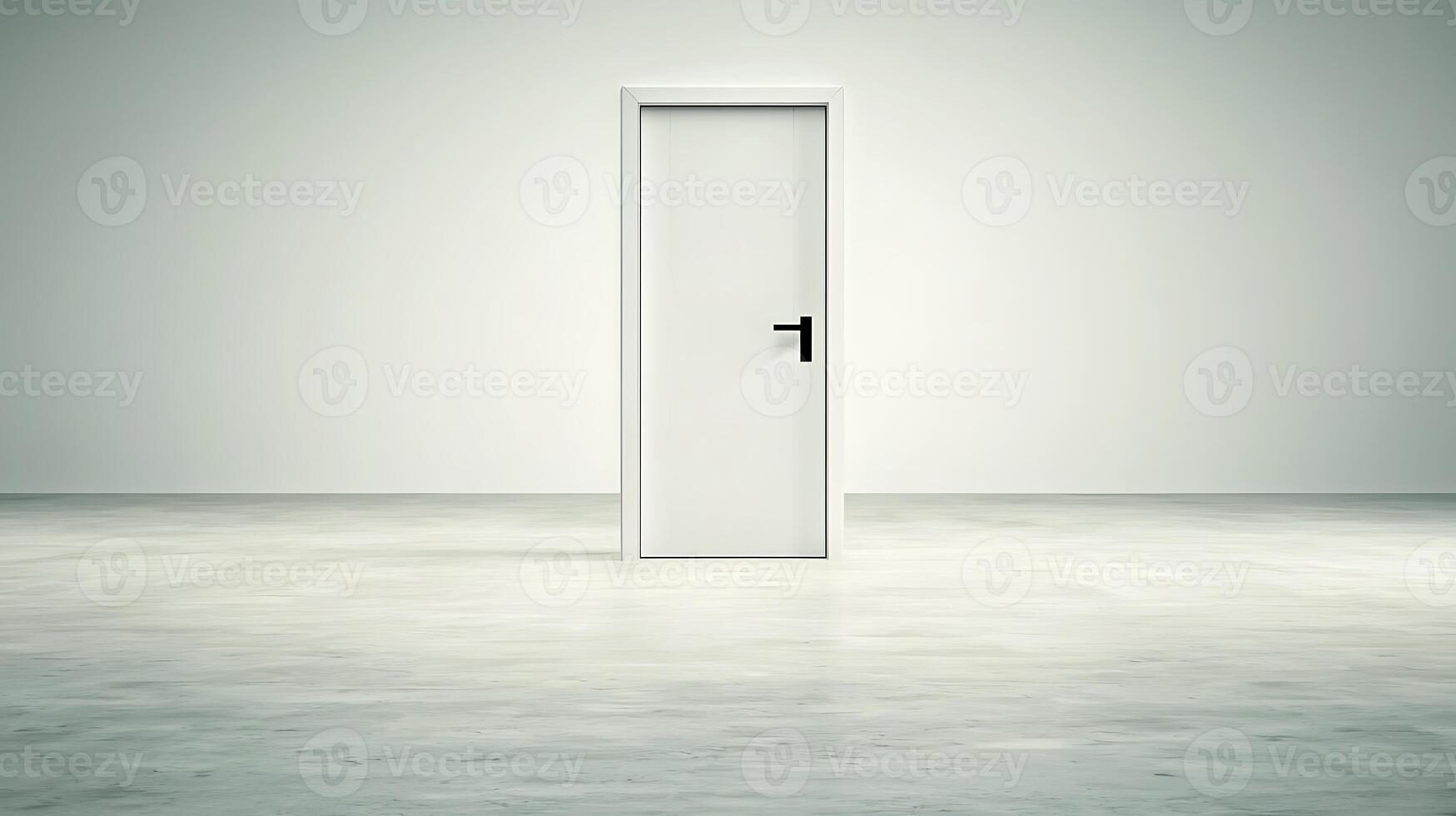 A minimalistic white door stands alone in a spacious, empty room with gray walls and floor photo
