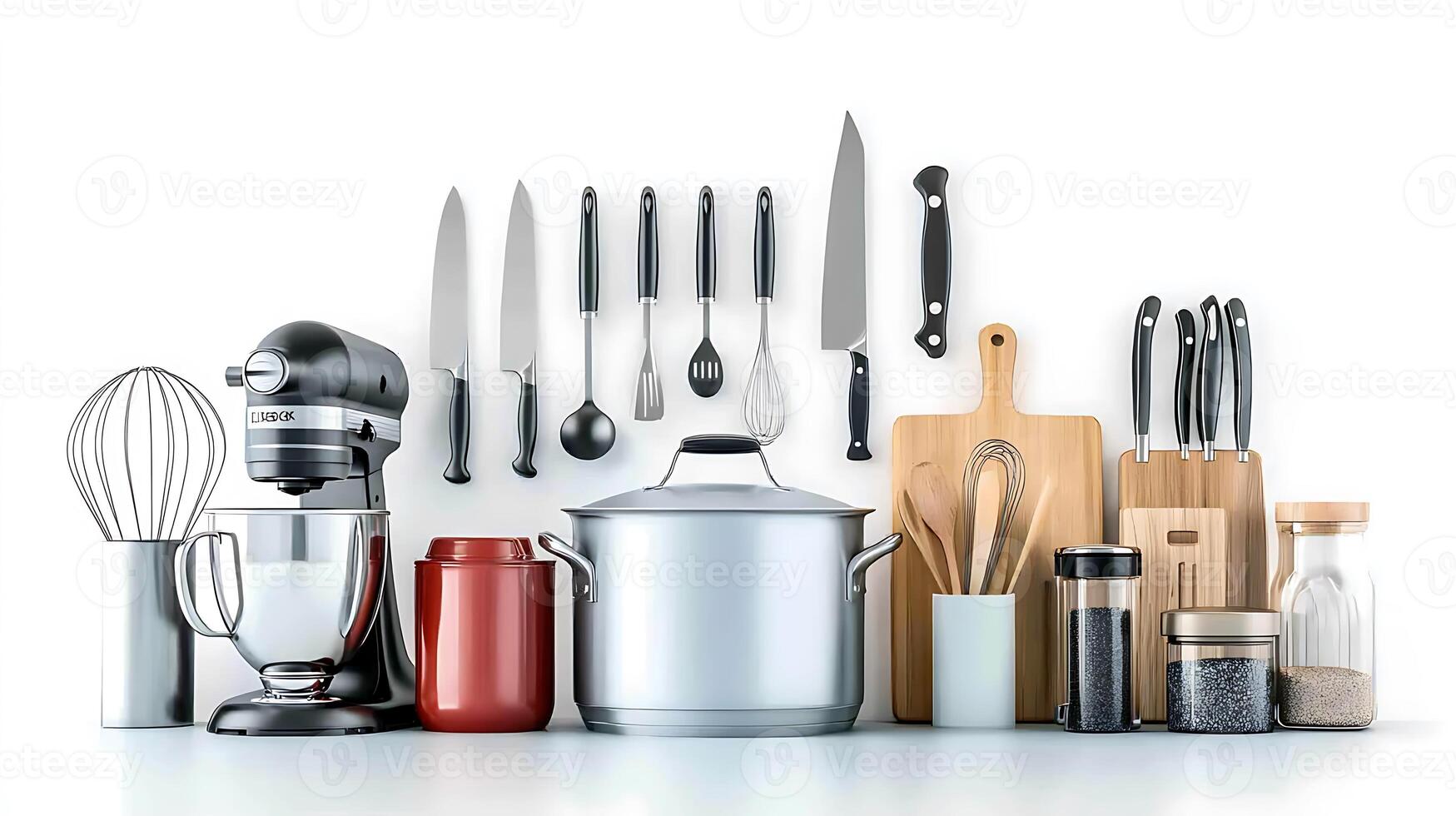 A modern kitchen countertop featuring various cooking utensils, pots, and appliances arranged neatly photo