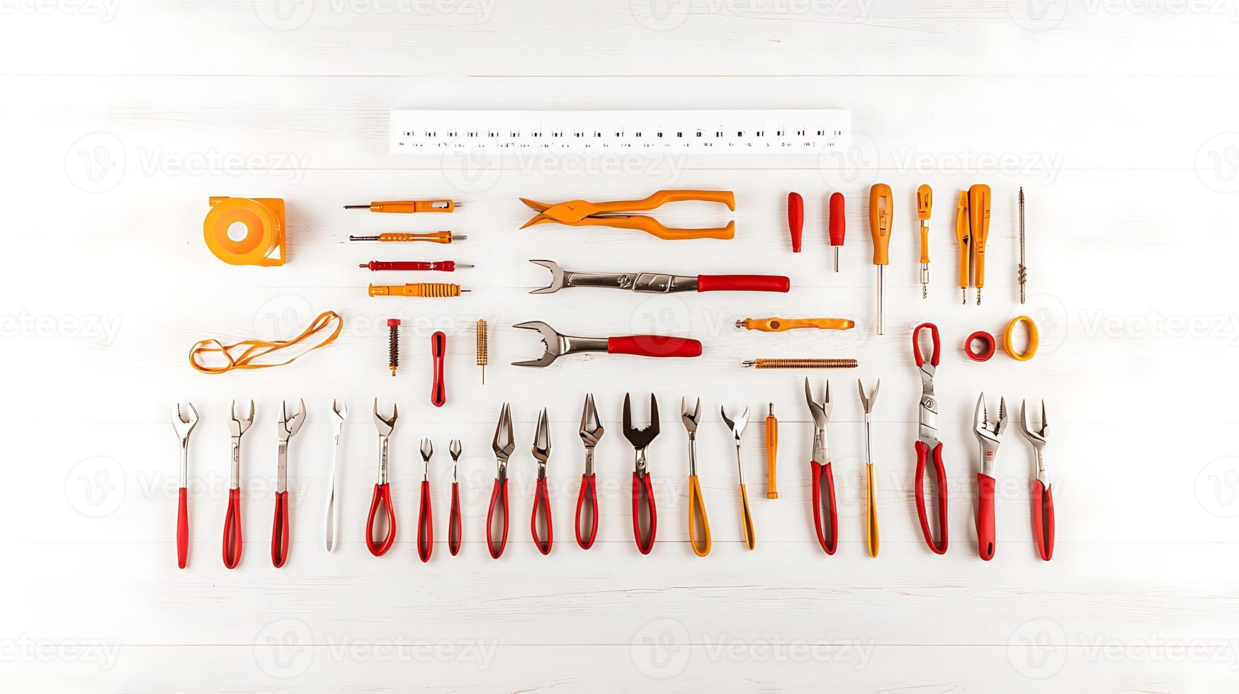 A neatly arranged collection of various hand tools on a white wooden surface for DIY projects photo