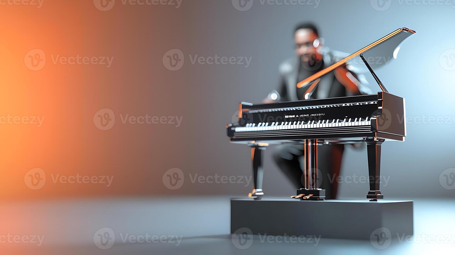 A musician passionately plays a miniature grand piano in a softly lit studio setting photo