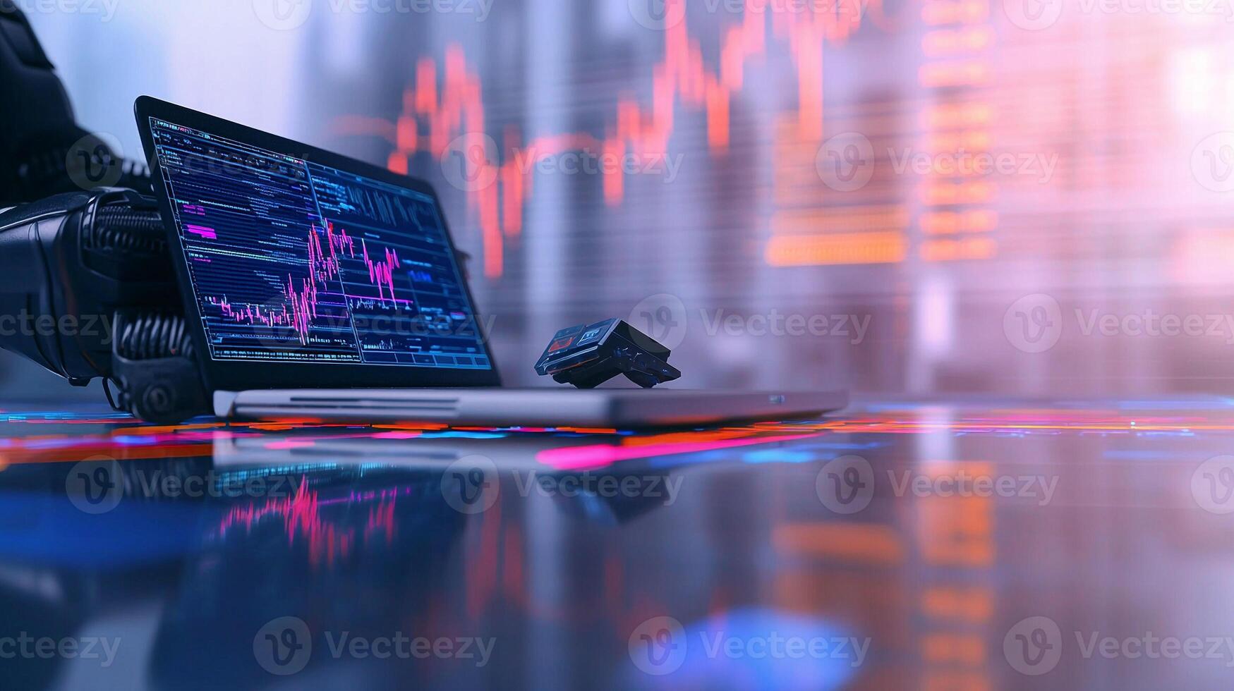 A modern workspace featuring a laptop displaying financial data amidst a vibrant urban background photo