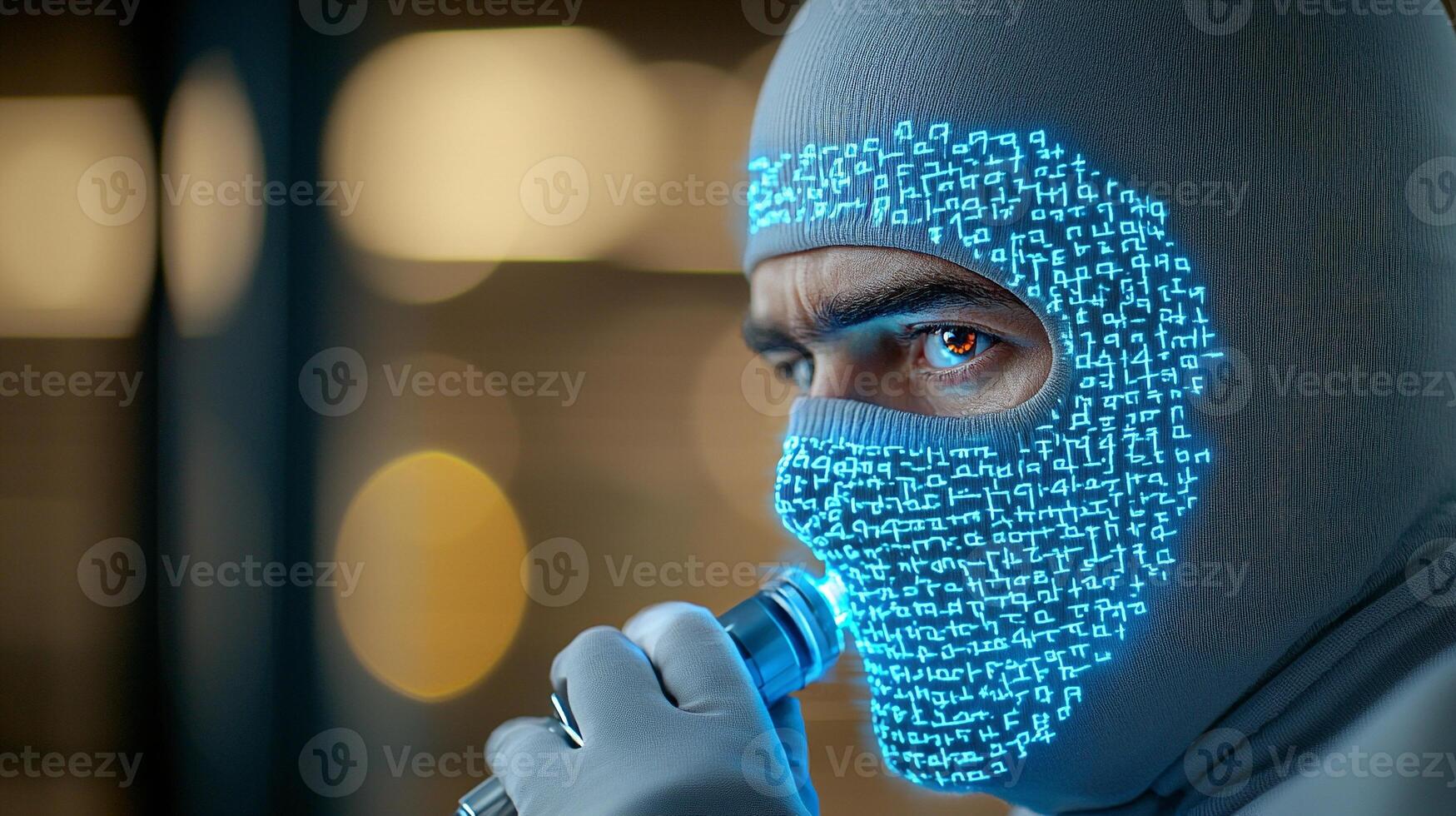 A mysterious figure in a digital mask holds a device, set against a blurred urban backdrop photo