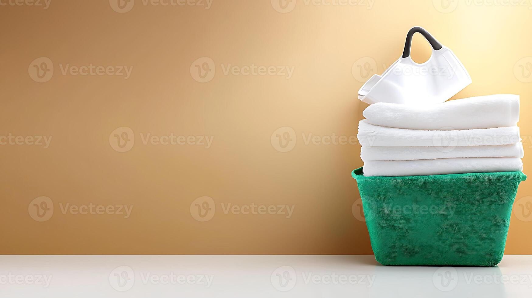 A neatly stacked arrangement of clean white towels in a green basket against a golden wall photo