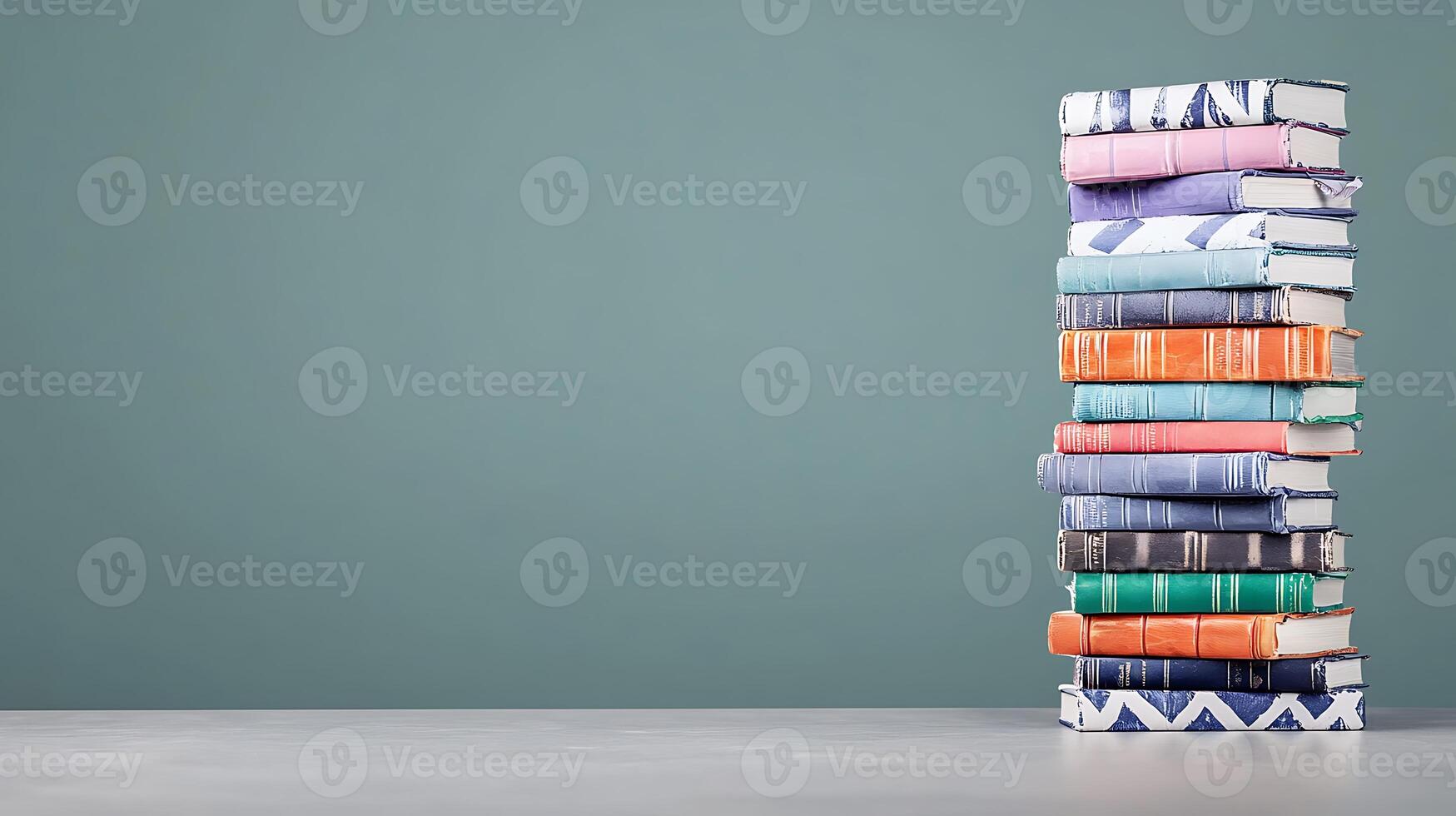 A neatly stacked collection of colorful books on a minimalist table against a soft green wall photo