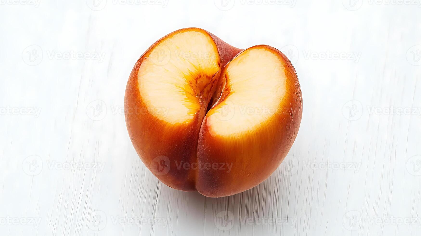 A perfectly split, ripe apple showcasing its vibrant colors and smooth texture on a white background photo