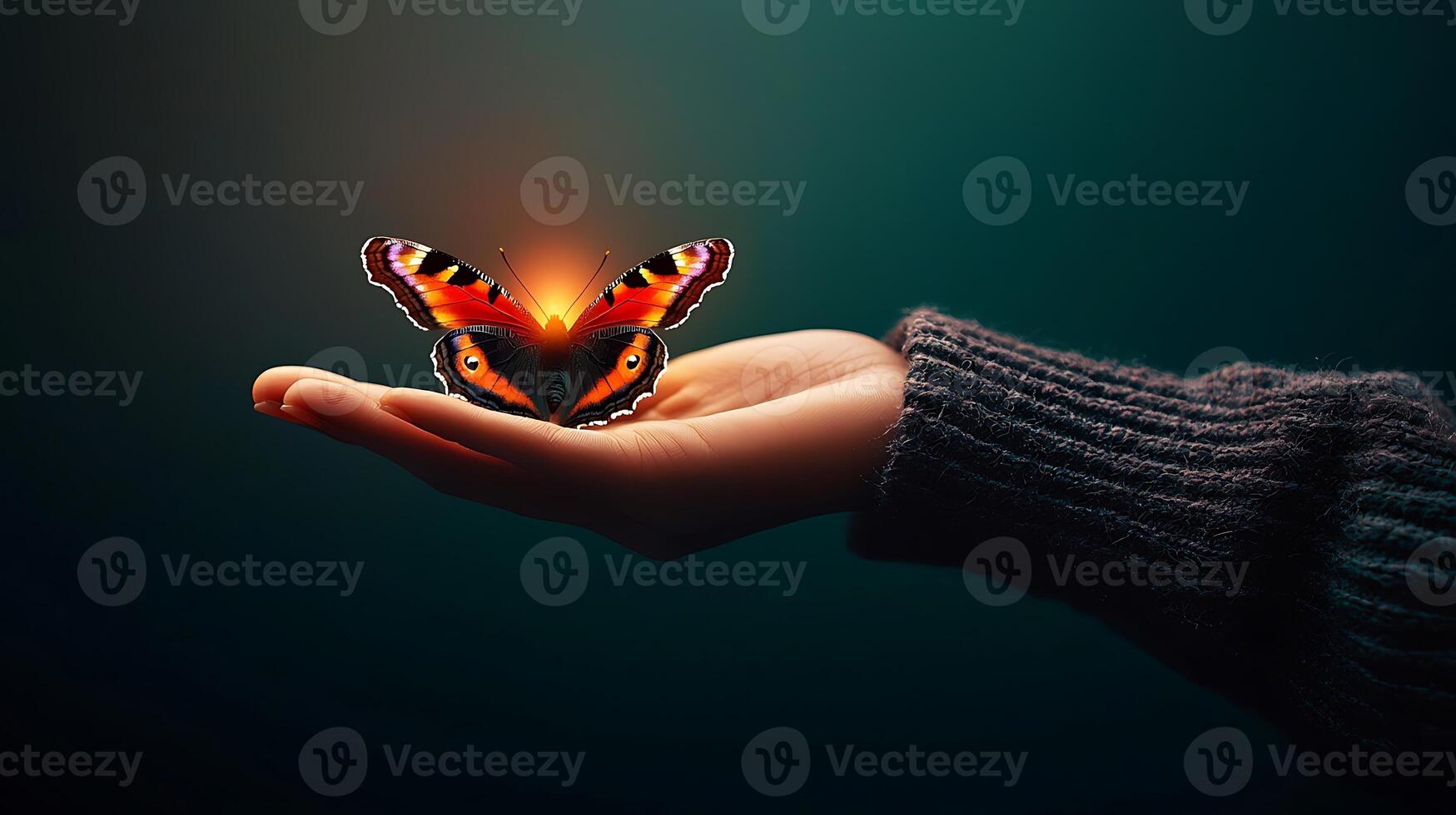 A person gently holds a vibrant butterfly in their palm, with a serene background emphasizing tranquility photo
