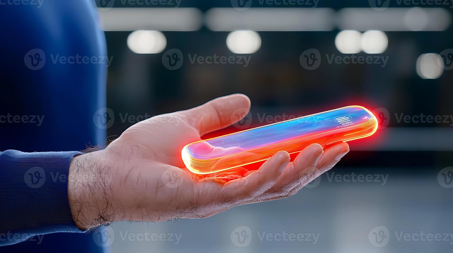 A person holding a glowing, futuristic device in a modern, blurred indoor environment photo
