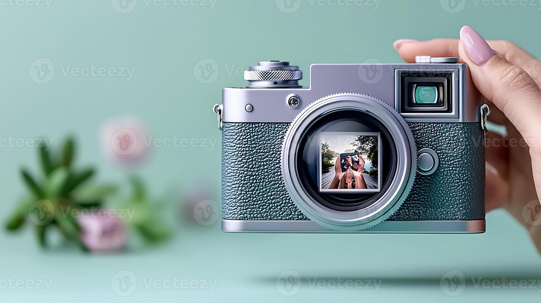 A person holding a vintage camera, capturing a joyful moment with friends in a serene garden photo