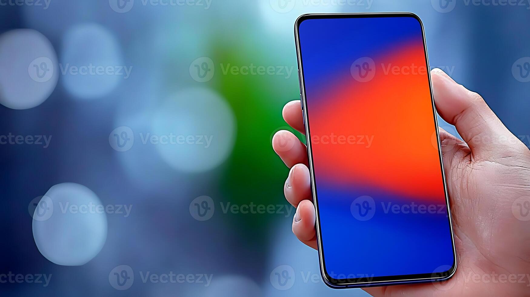 A person holding a smartphone with a vibrant abstract background, showcasing modern technology photo