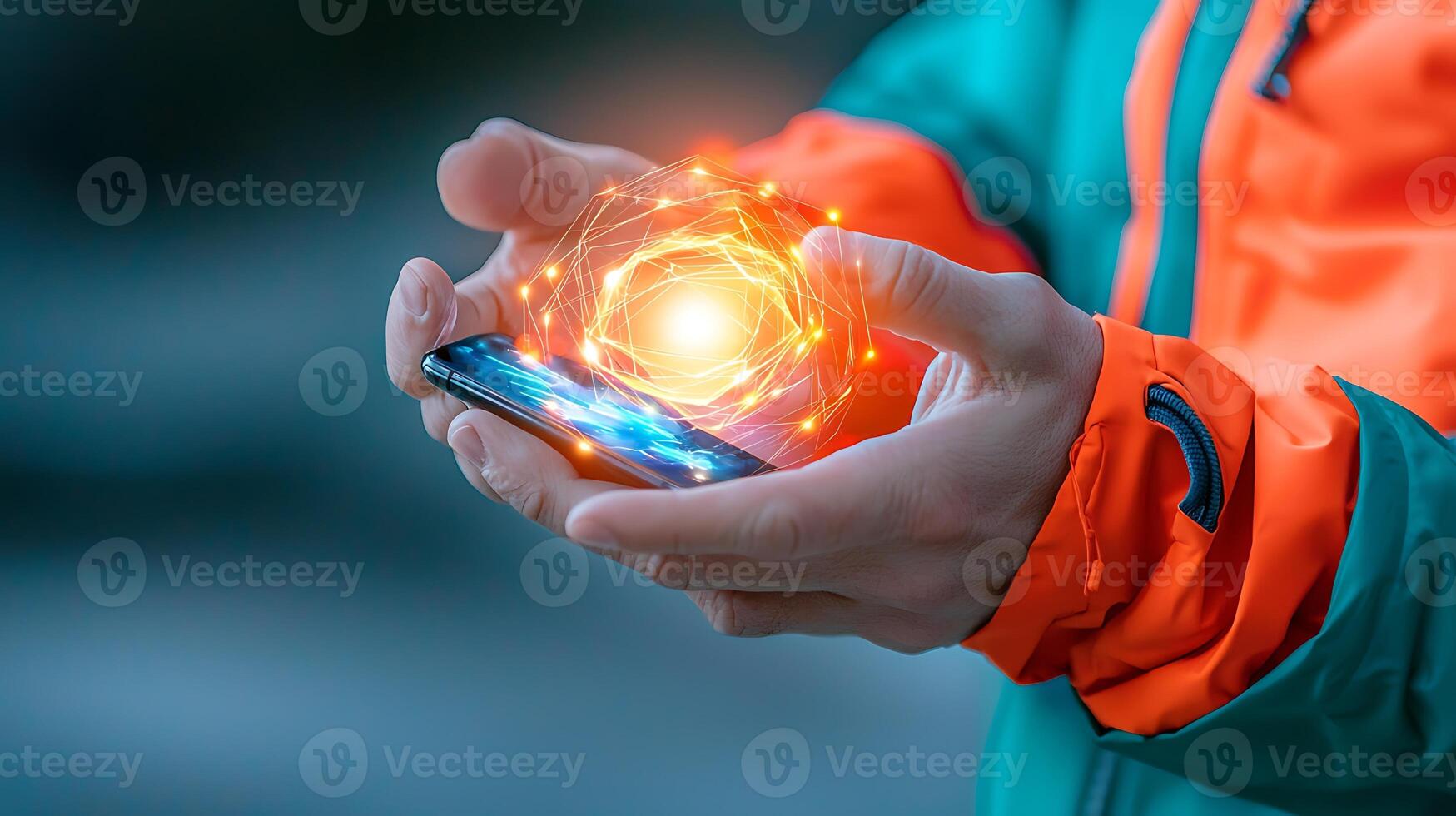 A person in a colorful jacket holds a smartphone displaying glowing energy effects outdoors photo