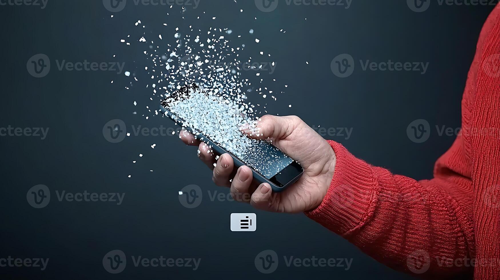 A person in a red sweater holds a smartphone that appears to be disintegrating into particles photo
