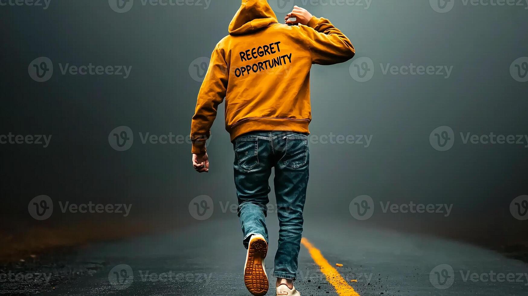 A person in a yellow hoodie walks down a foggy road, symbolizing seizing opportunities in life photo