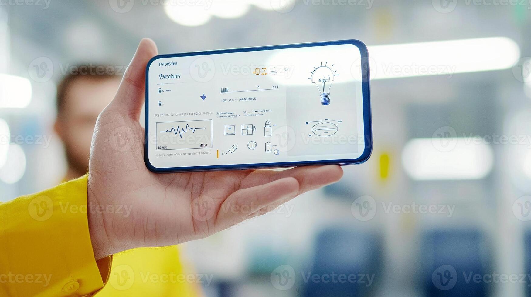 A person in a yellow jacket holding a smartphone displaying a digital interface in a modern environment photo