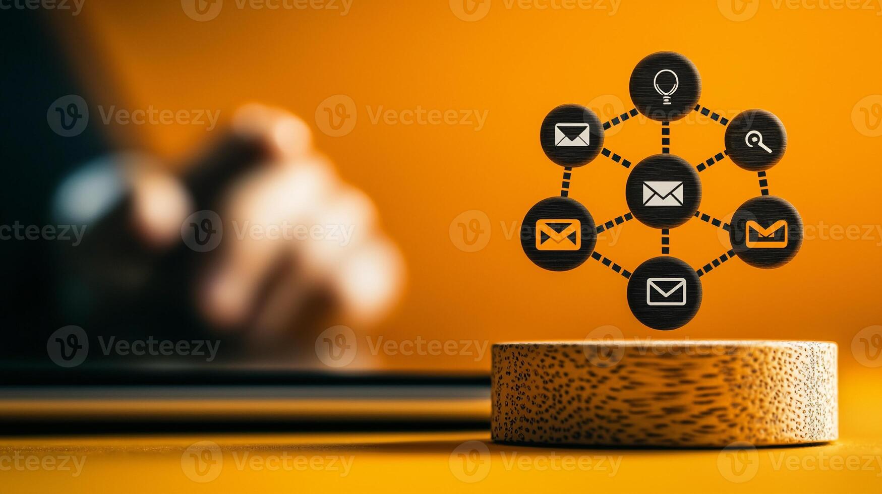 A person interacting with email icons on a wooden stand against a vibrant orange background photo