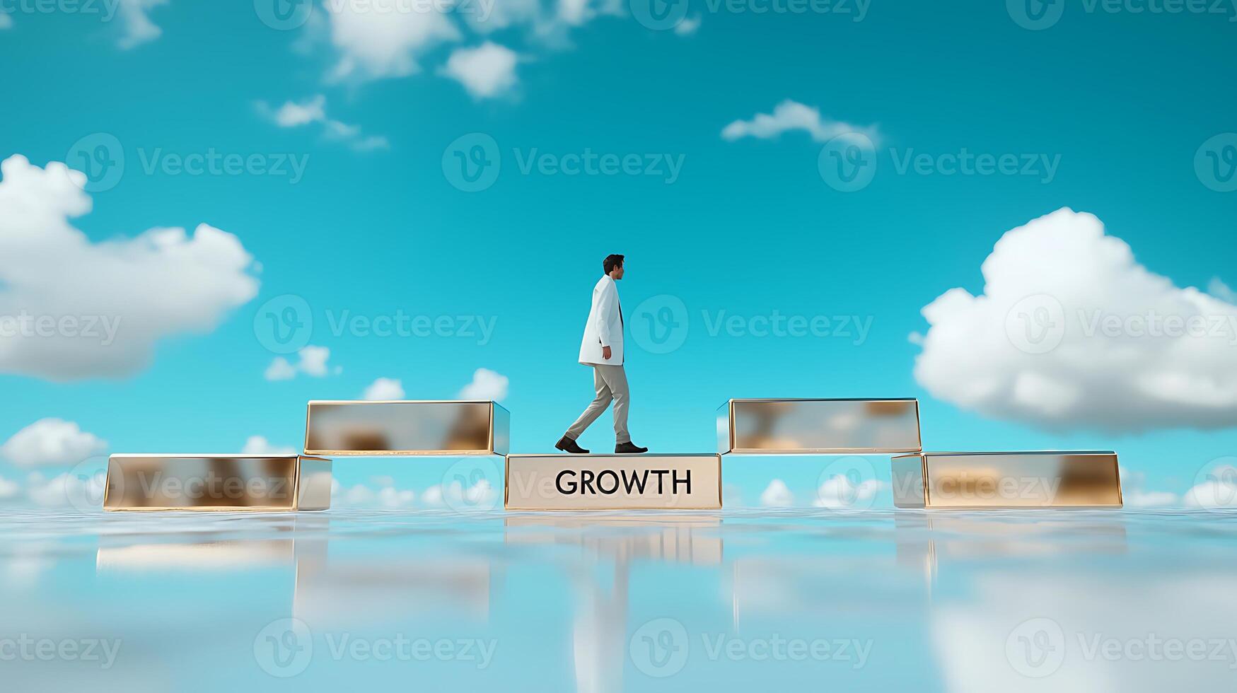 A person walking on growth blocks under a bright sky with fluffy clouds, symbolizing progress photo