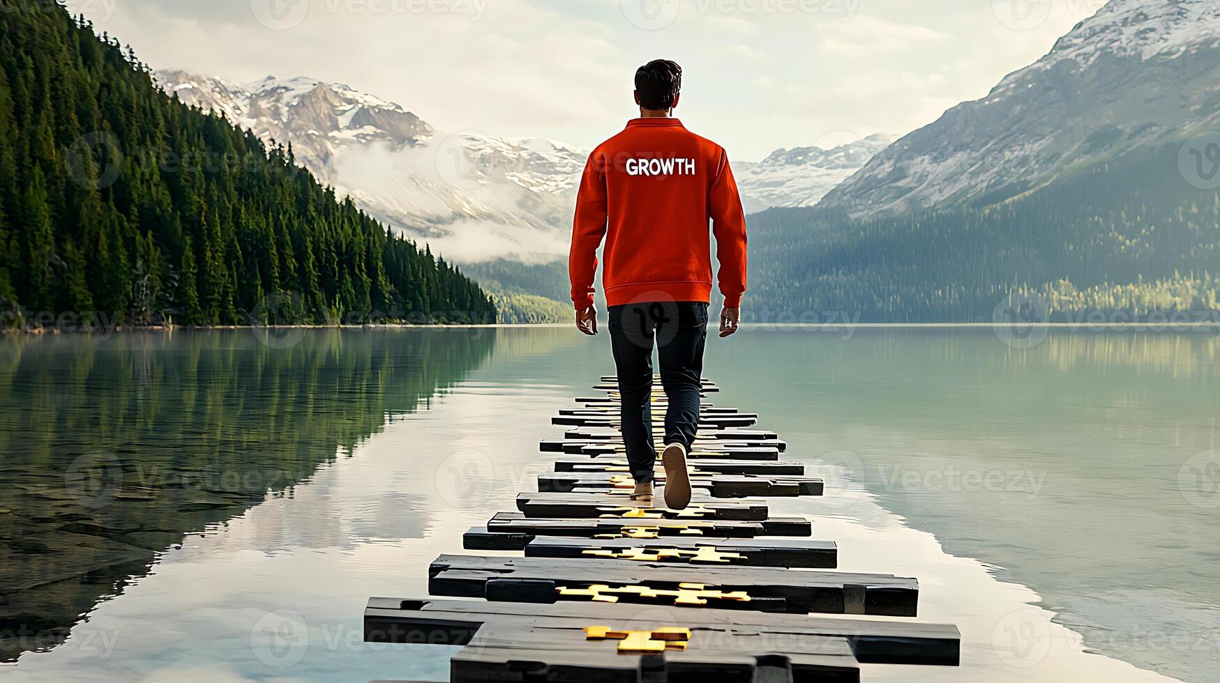 A person walking along a wooden path over a serene lake, surrounded by mountains and trees, symbolizing growth photo
