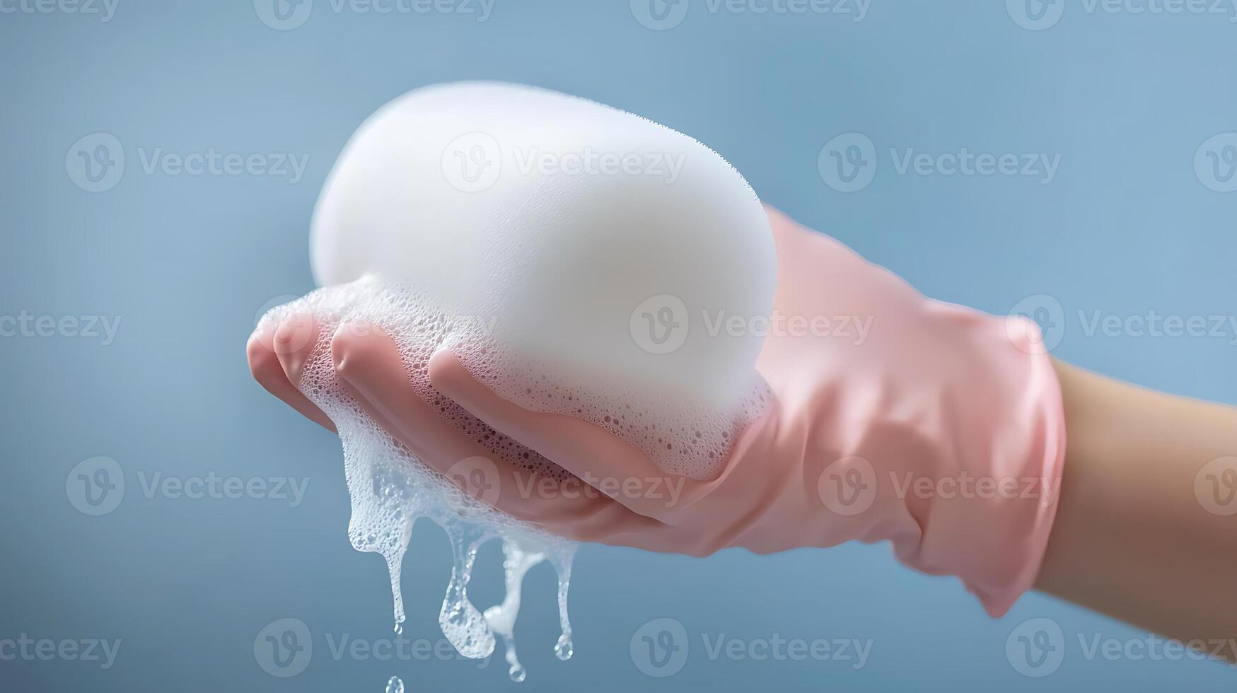A person wearing a pink glove holding a soapy sponge against a soft blue background photo