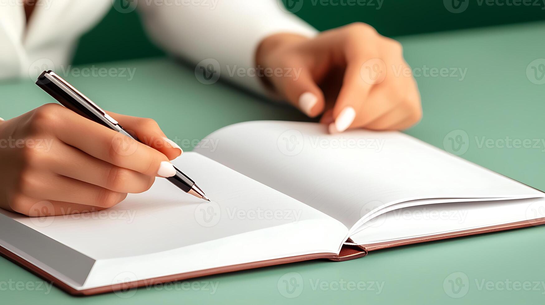 A person writing in a blank notebook with a pen, focused on creative thoughts and ideas photo