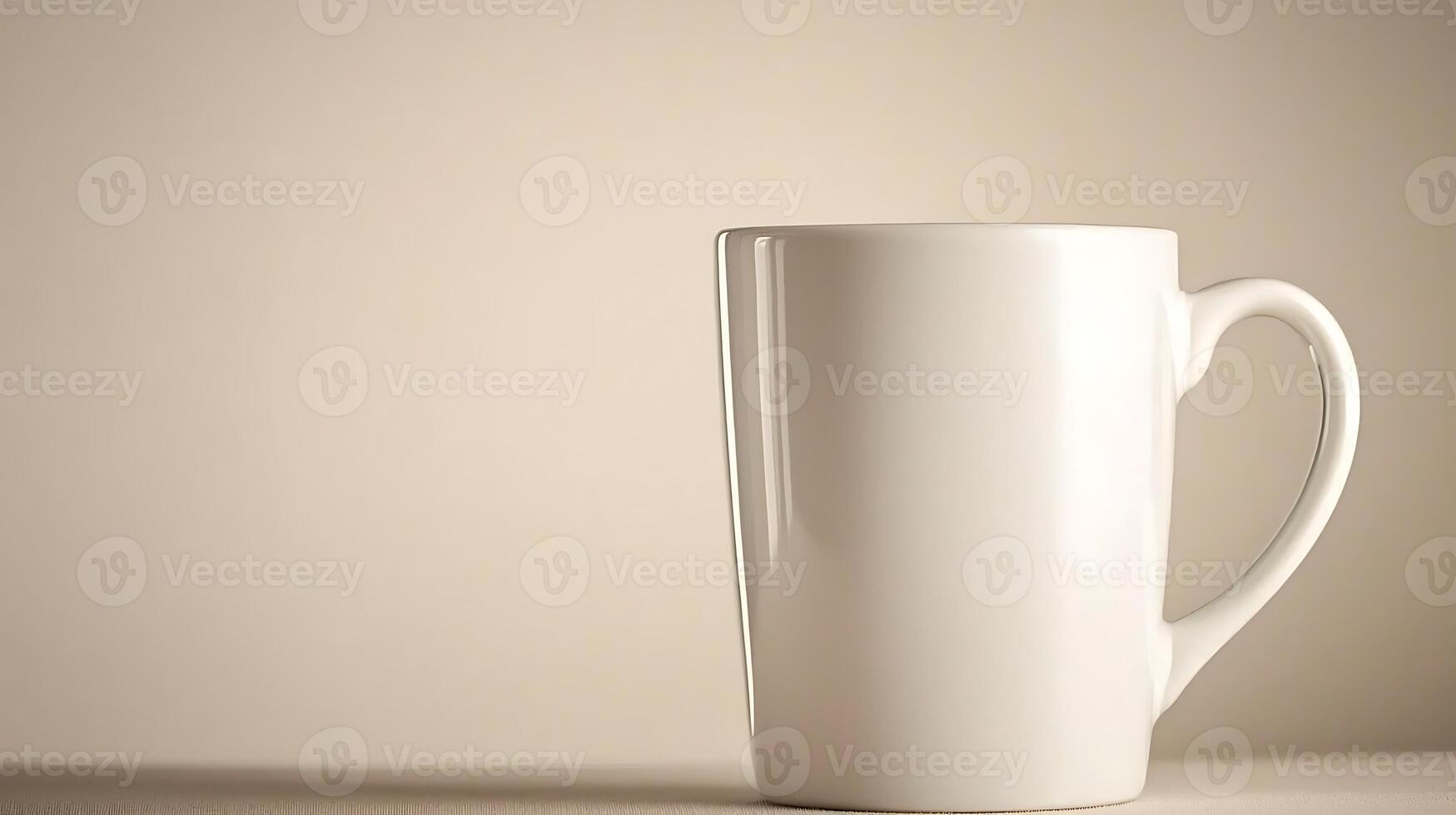 A plain white coffee mug positioned on a neutral background, ideal for product photography photo