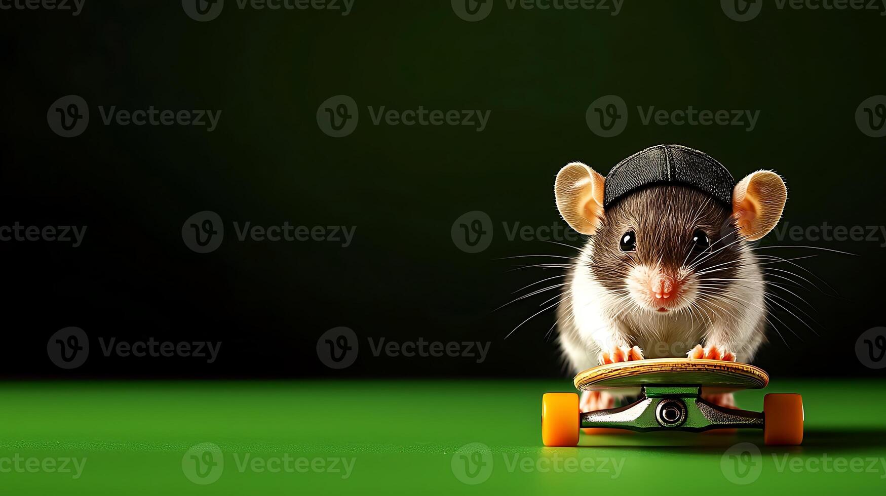 A playful mouse wearing a cap skillfully skateboarding on a mini board against a vibrant green backdrop photo