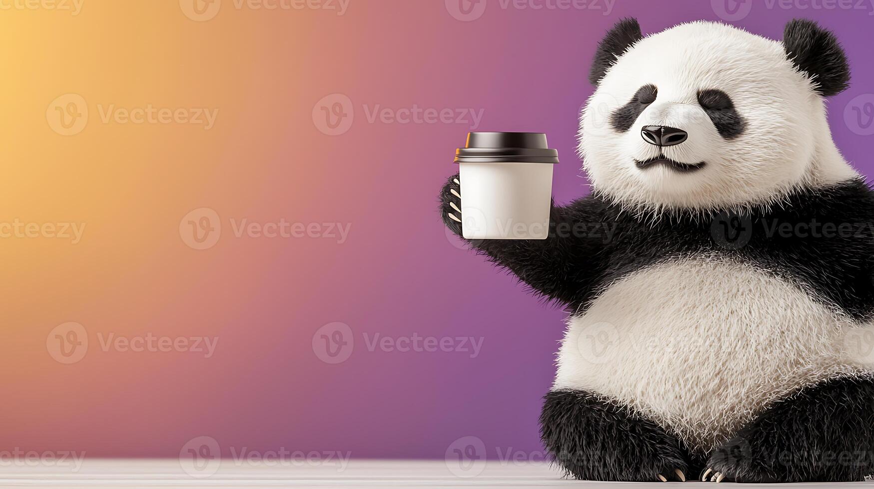 A playful panda holding a coffee cup, set against a vibrant gradient background photo