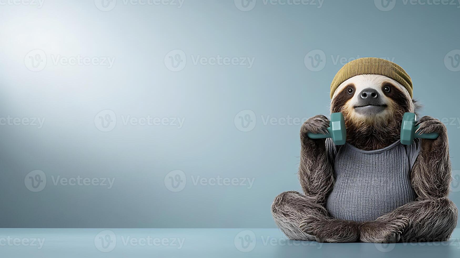 A playful sloth wearing a beanie and tank top lifts weights in a minimalist gym setting photo