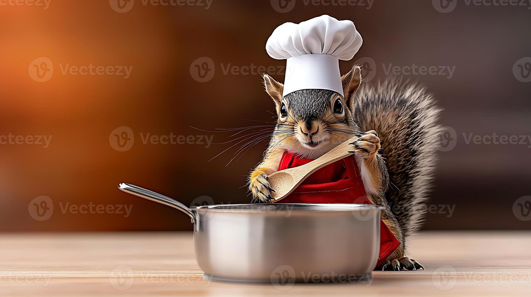 A playful squirrel dressed as a chef stirs a pot in a cozy kitchen setting photo