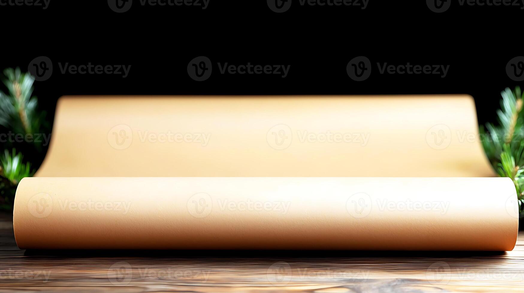 A roll of brown wrapping paper rests on a wooden table surrounded by evergreen foliage photo