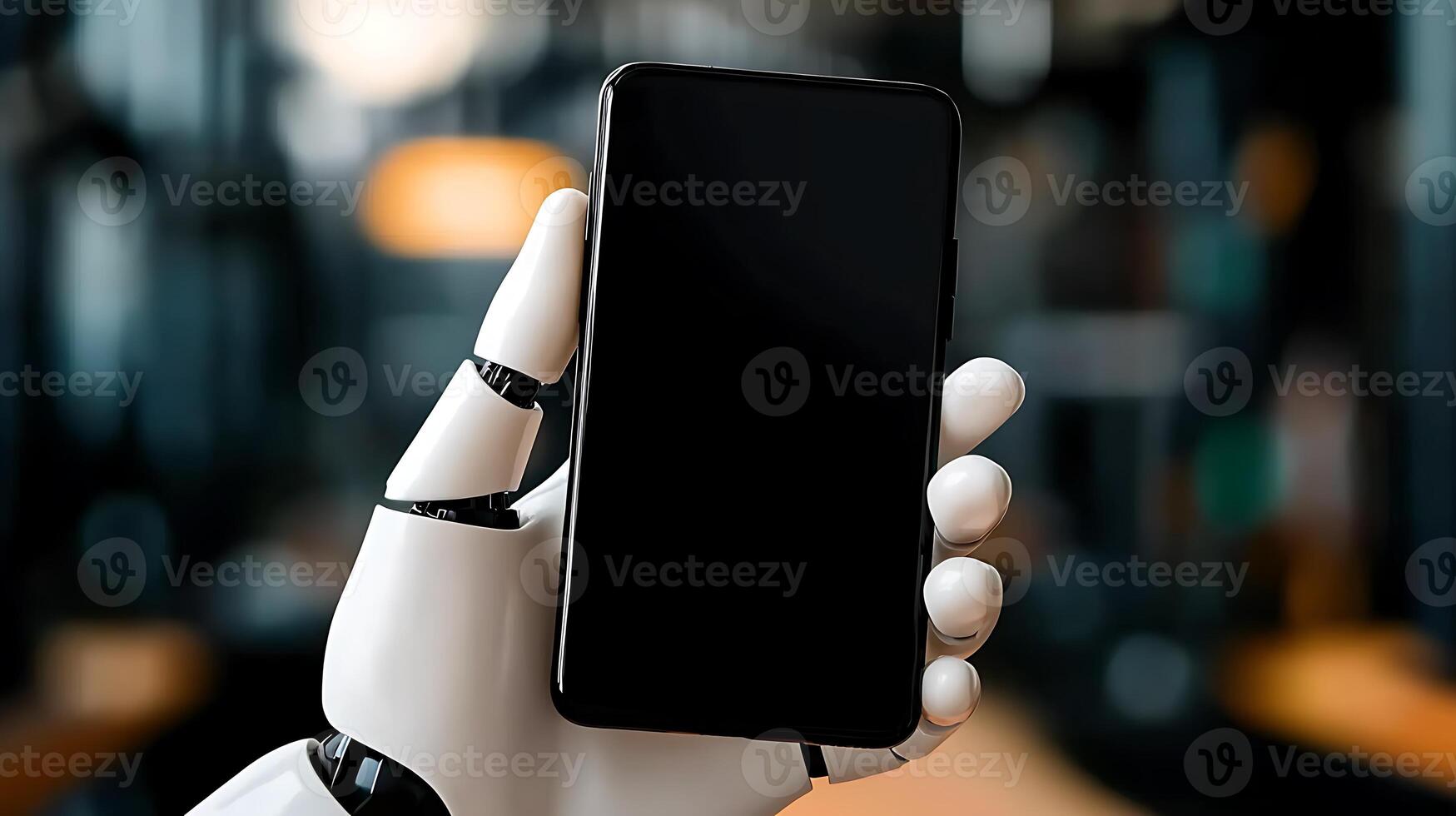 A robotic hand holding a smartphone in a modern, blurred office environment showcasing technology photo