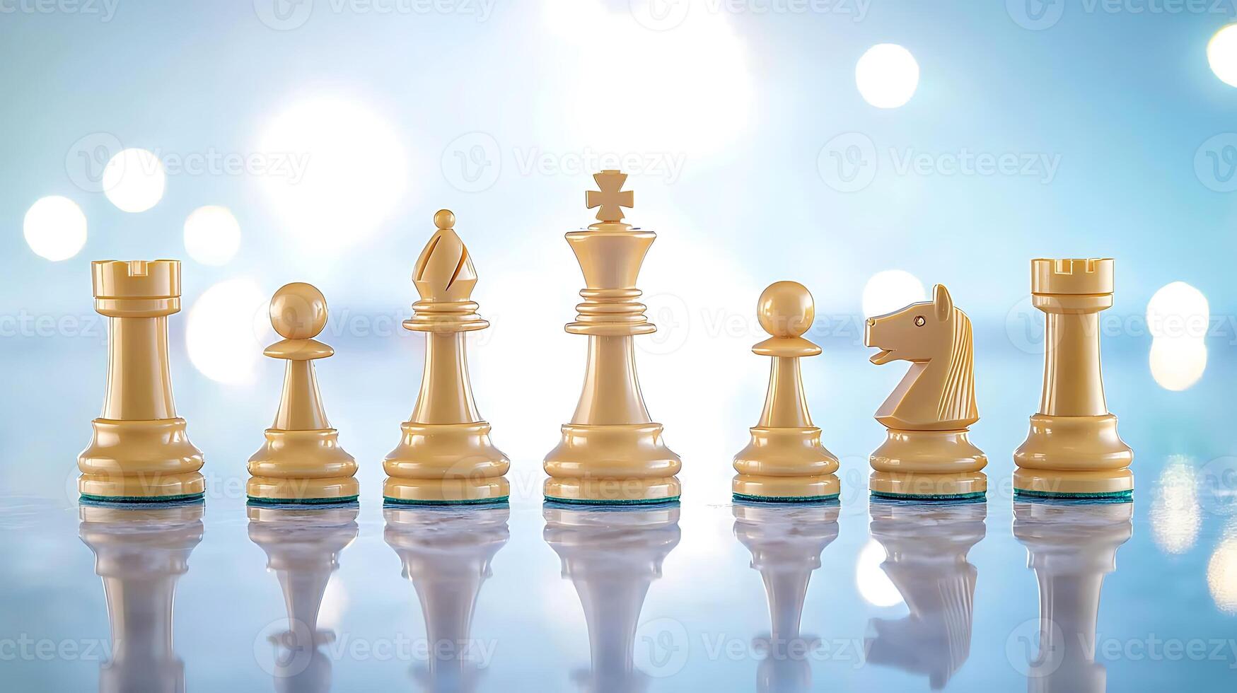 A row of elegant cream chess pieces on a reflective surface with a soft bokeh background photo