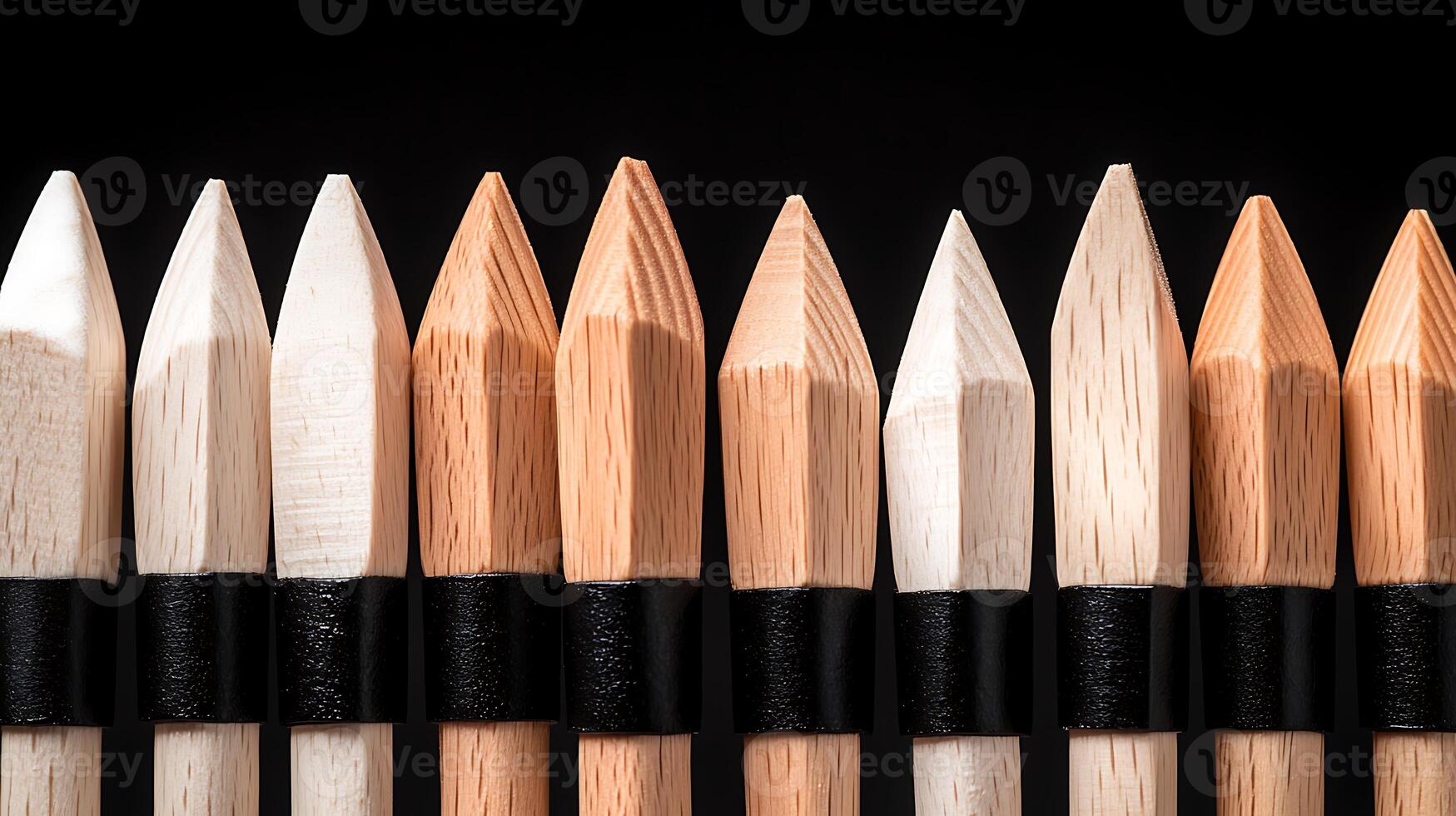 A row of sharpened wooden pencils with varied colors and tips against a dark background photo