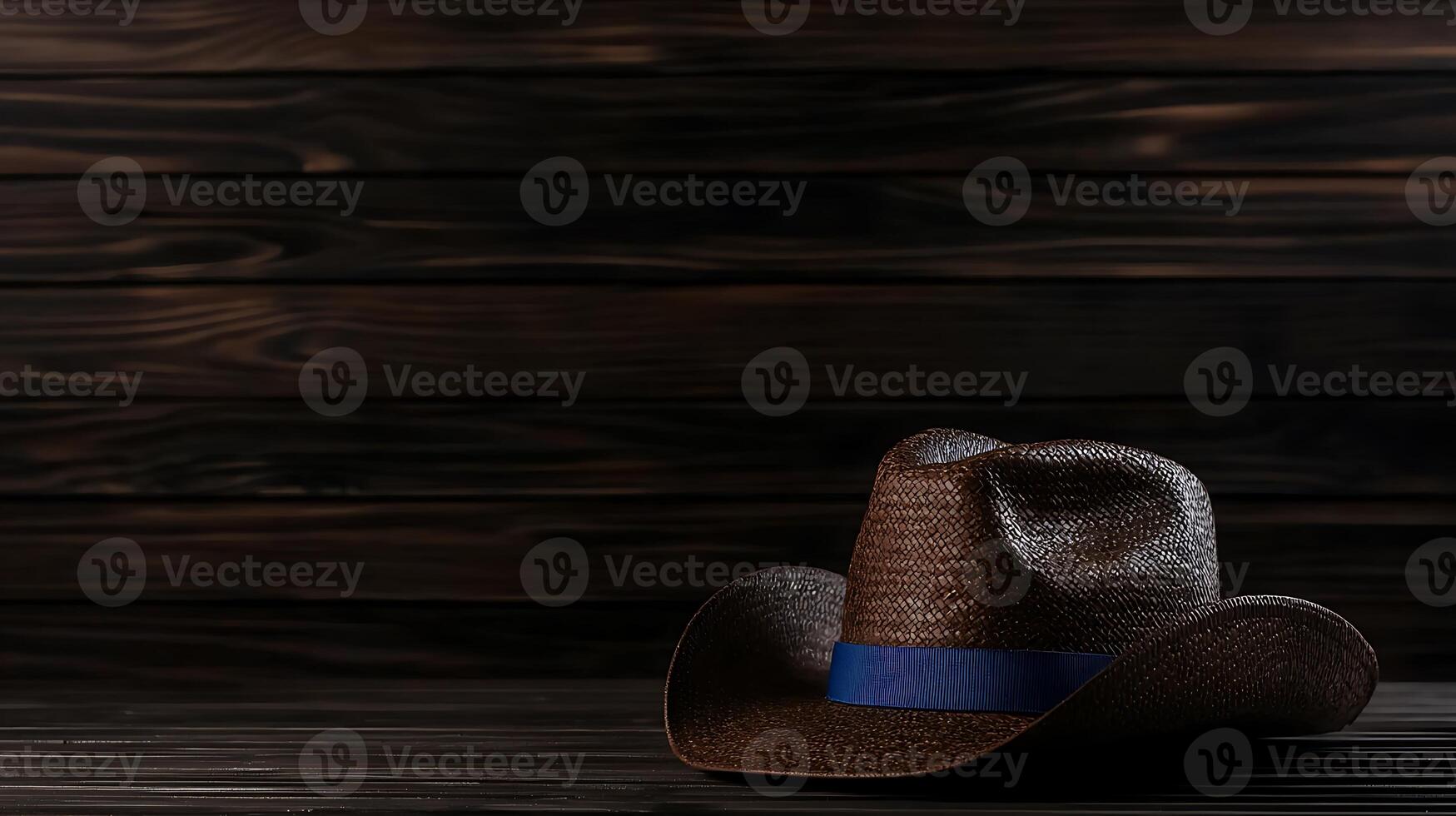 A rustic brown cowboy hat with a blue band resting on a wooden surface in a dimly lit setting photo