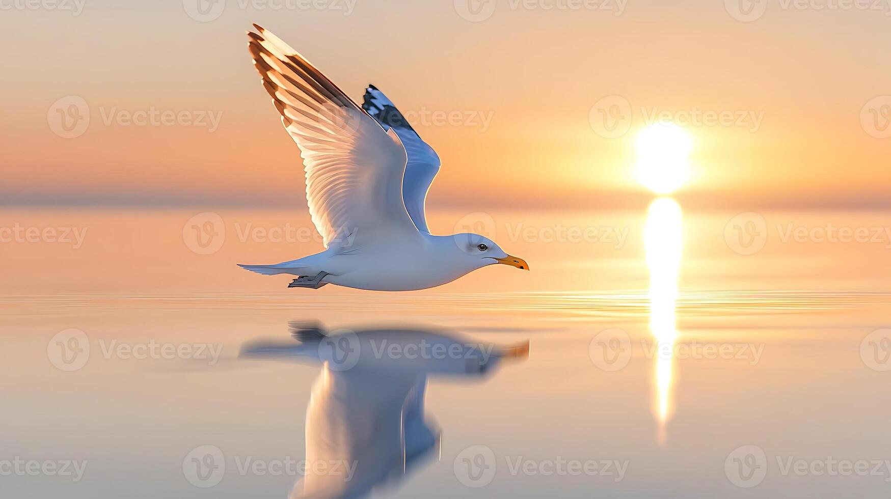 A seagull gracefully gliding over calm waters at sunset, reflecting vibrant colors in the sky photo