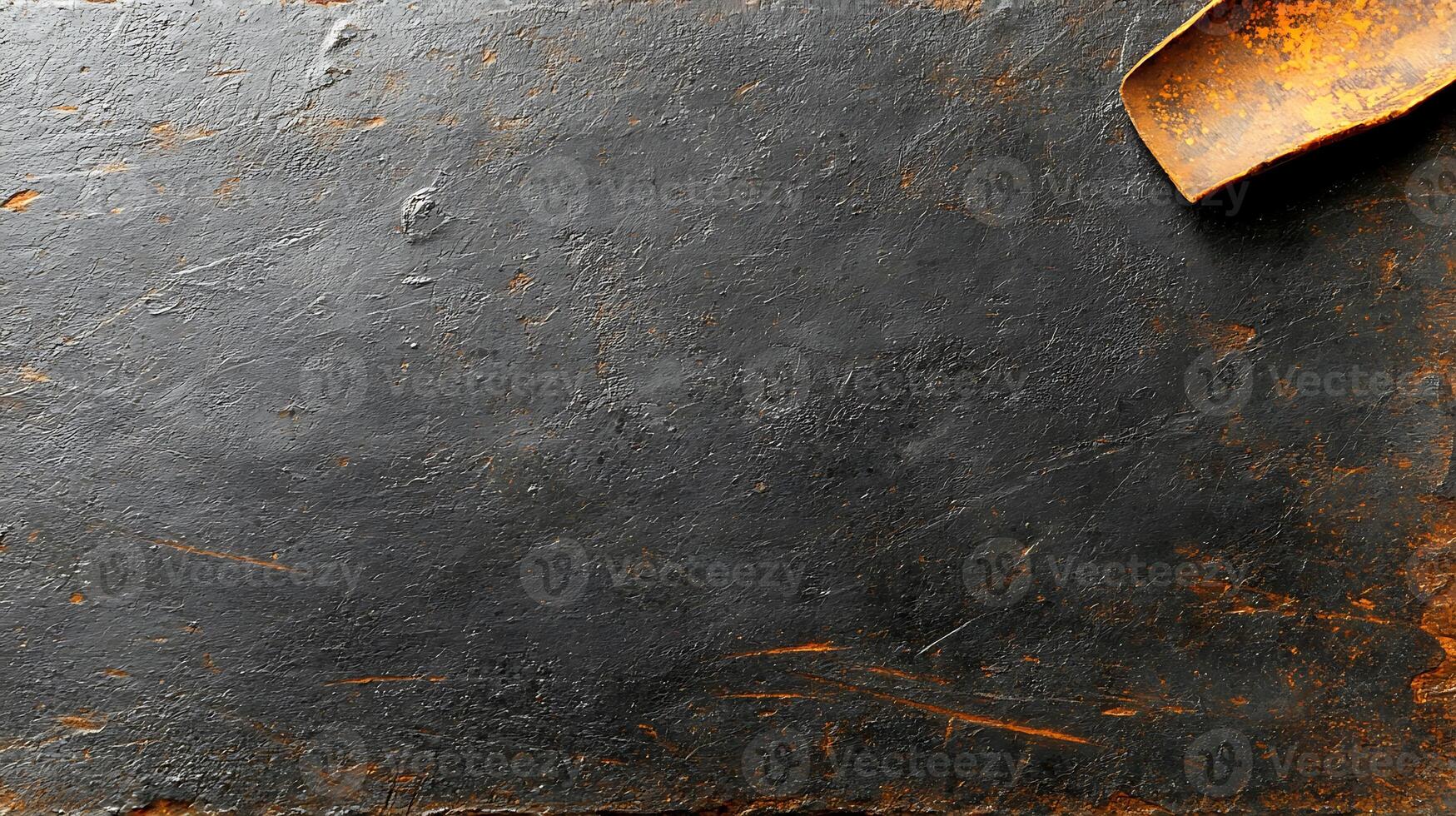 A rustic, weathered black surface with a vintage metal scoop resting on the edge, ideal for food photography photo