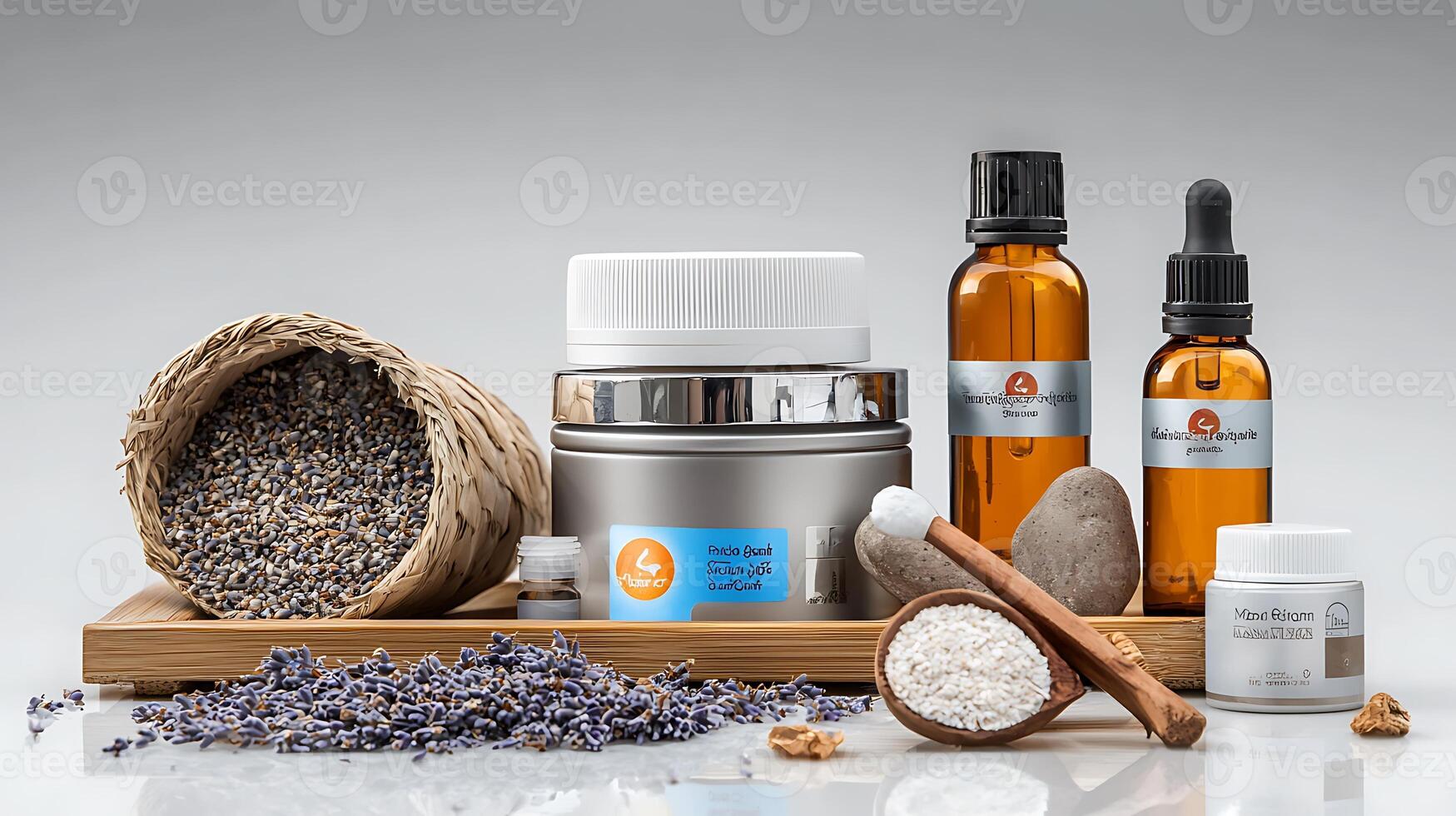A serene arrangement of lavender and skincare products on a wooden surface, evoking relaxation photo