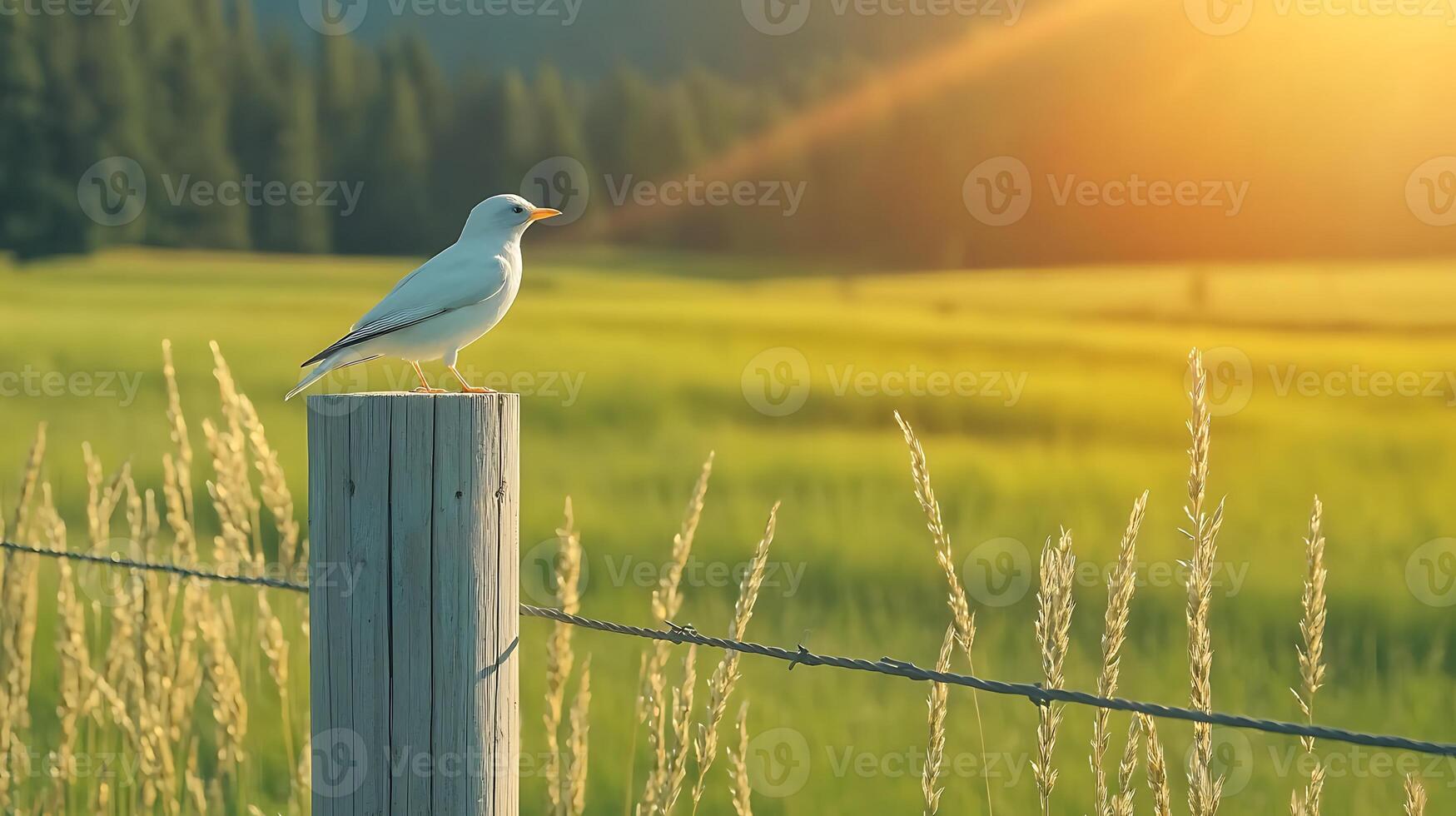 A serene bird perched on a wooden post at sunset, surrounded by lush green fields and distant trees photo
