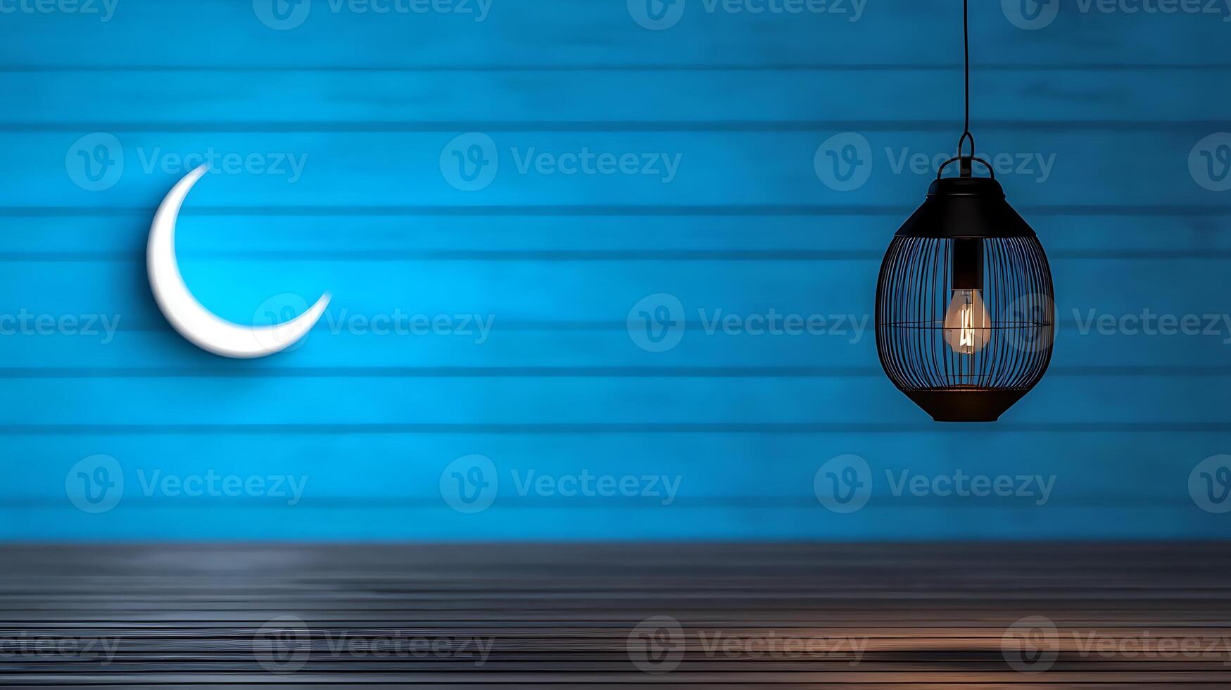 A serene blue interior with a hanging light and crescent moon, evoking calmness and tranquility photo
