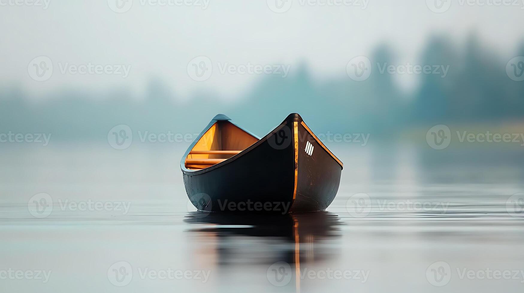 A serene canoe floats gently on calm water, surrounded by misty trees at dawn photo