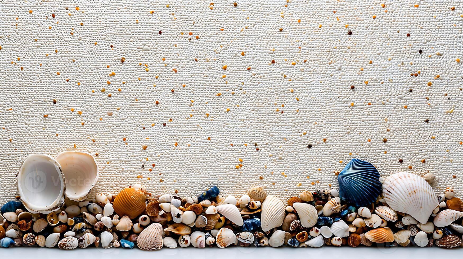 A serene beach scene featuring a variety of colorful seashells scattered on textured sand photo