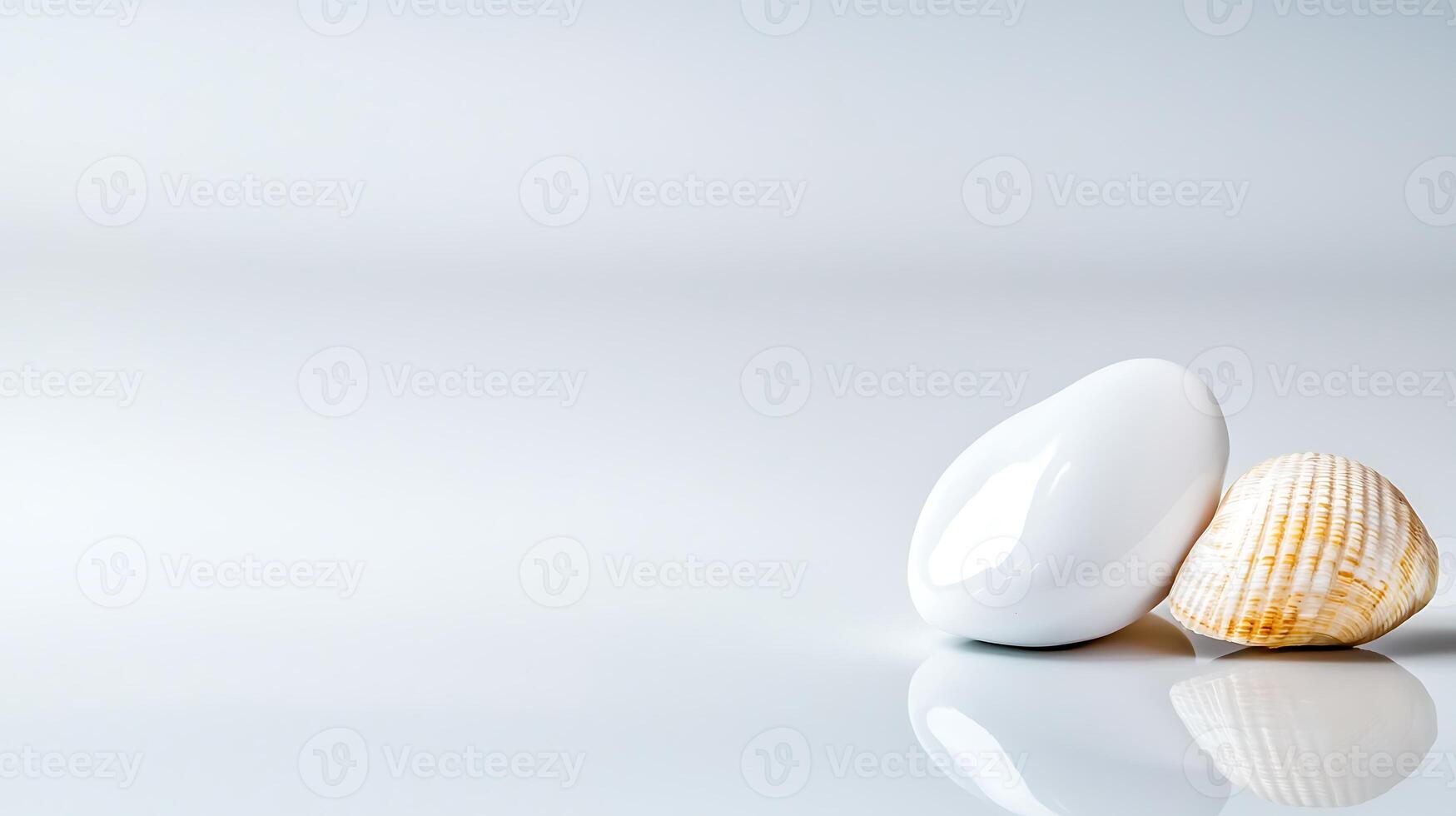 A serene composition featuring a smooth white stone and a textured seashell on a minimalist background photo
