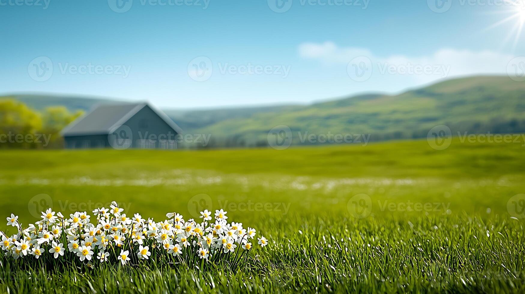 A serene countryside scene featuring a blooming flower field with a farmhouse in the background photo