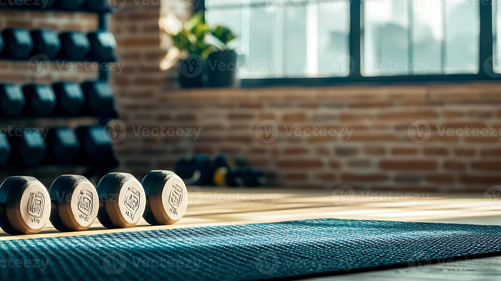 A serene fitness studio featuring dumbbells on a yoga mat with sunlight streaming through windows photo