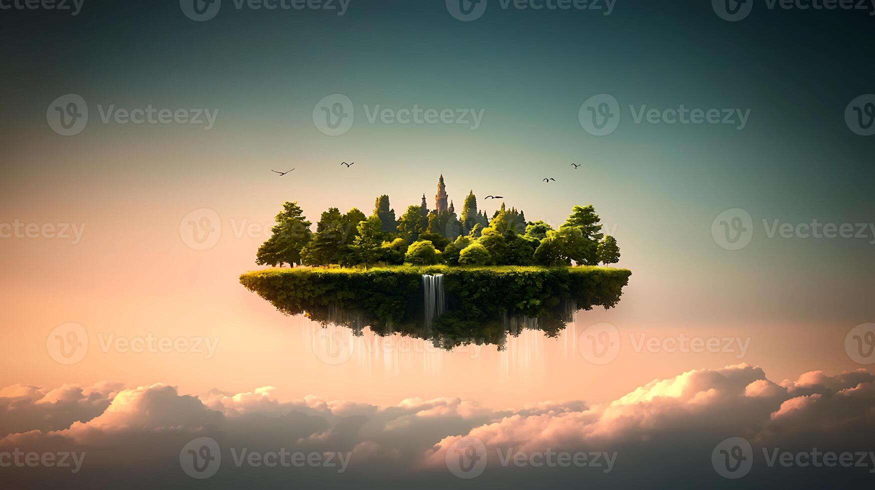 A serene floating island with lush trees and a distant castle, surrounded by clouds at sunset photo