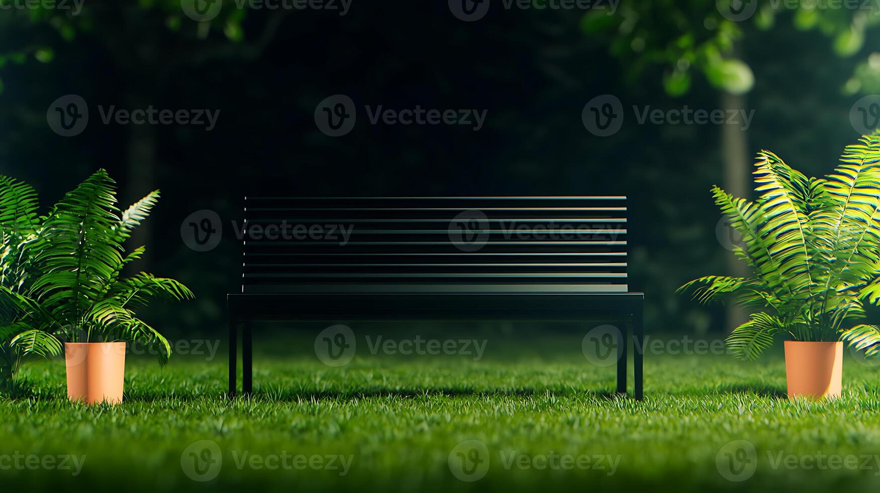 A serene garden scene featuring a black bench surrounded by lush green ferns in pots at night photo