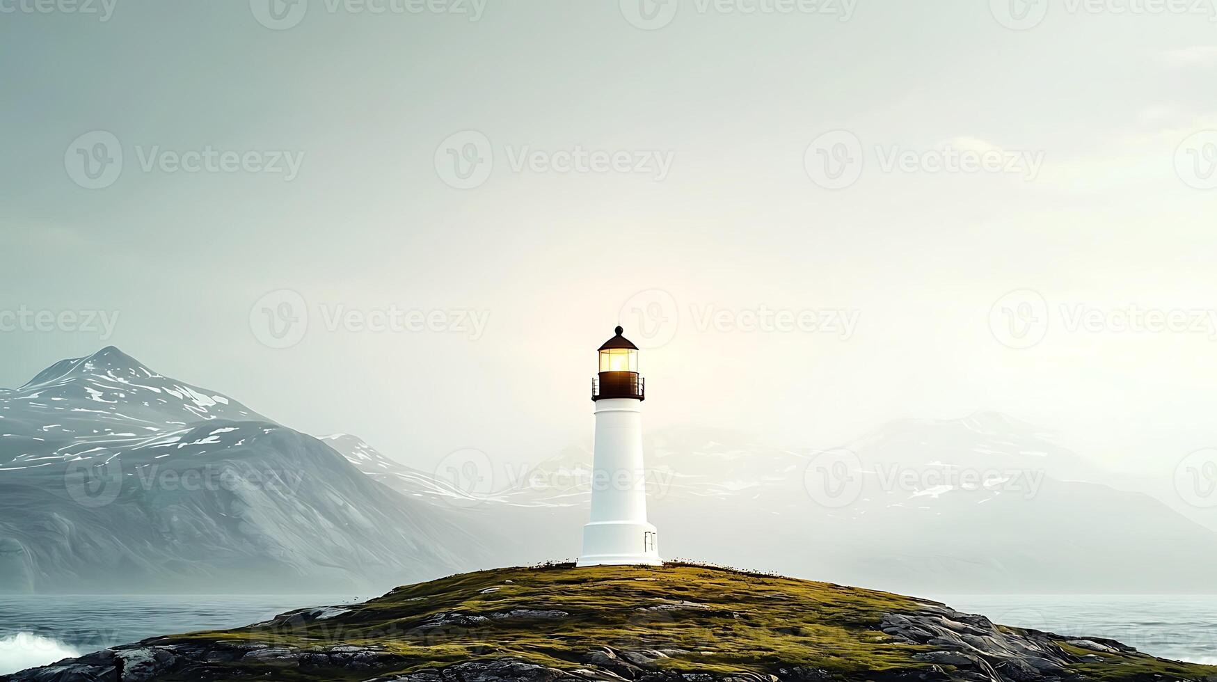 A serene lighthouse stands on a grassy island surrounded by mountains and ocean waves photo