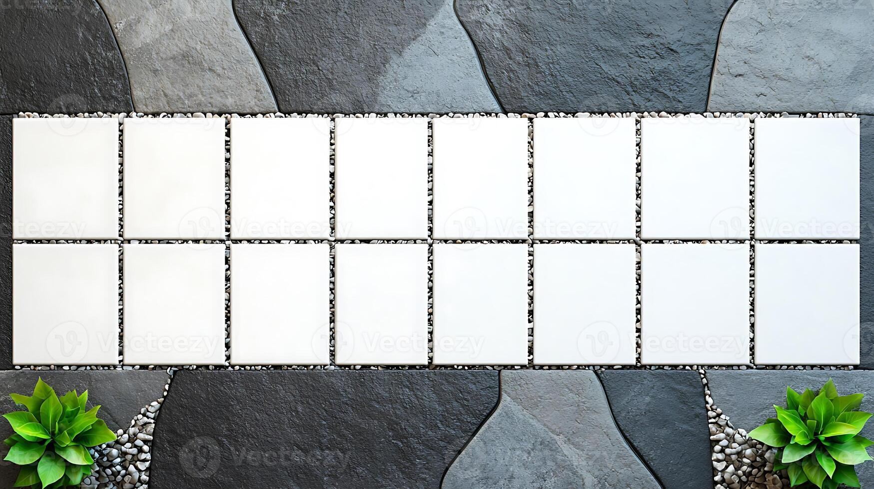 A serene outdoor space featuring blank tiles arranged on a stone pathway with greenery photo