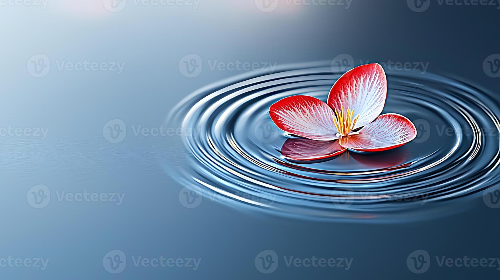 A serene red flower floating on calm water, creating gentle ripples in a tranquil setting photo