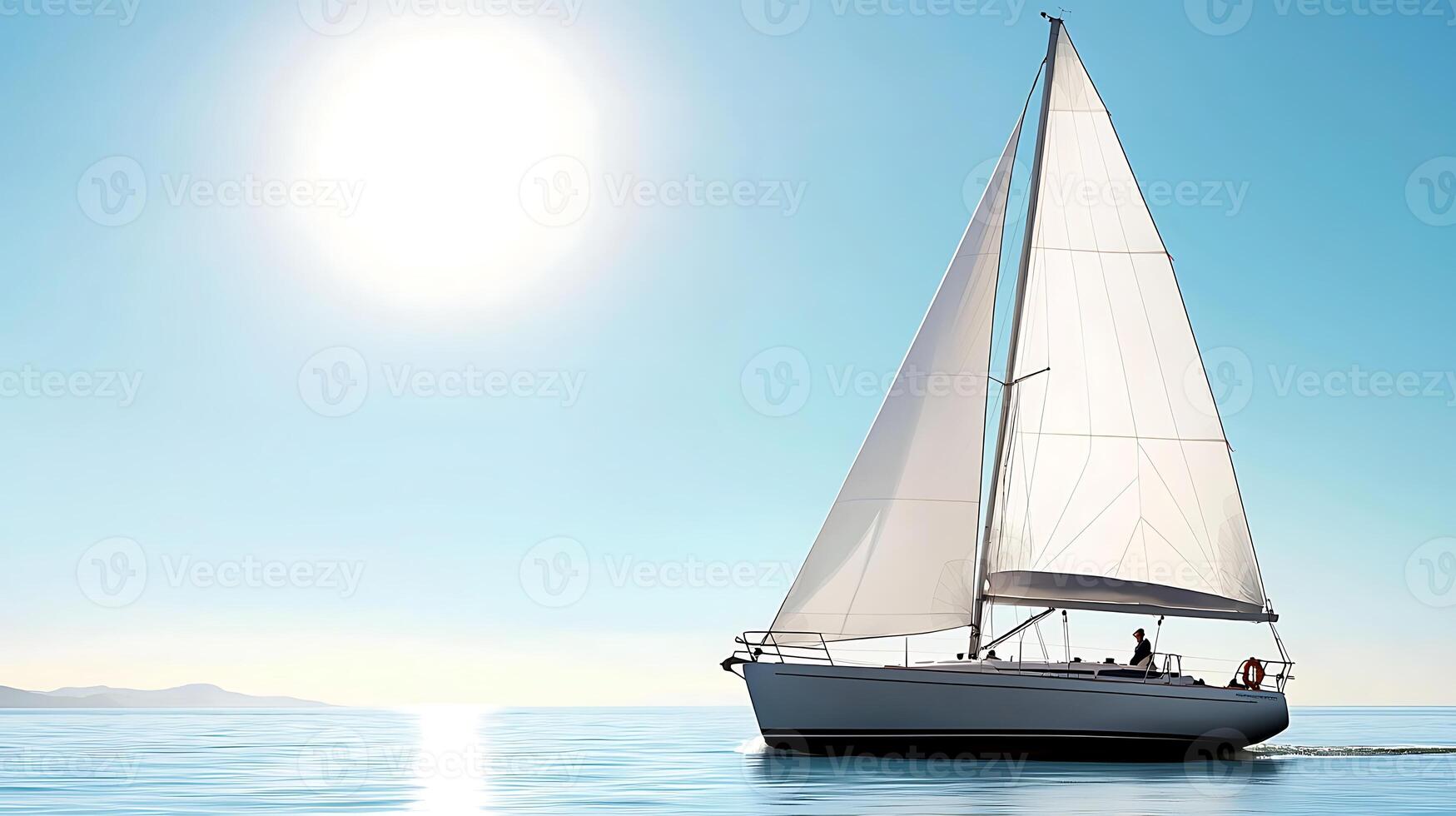 A serene sailboat gliding across calm waters under a bright sun, evoking tranquility and adventure photo